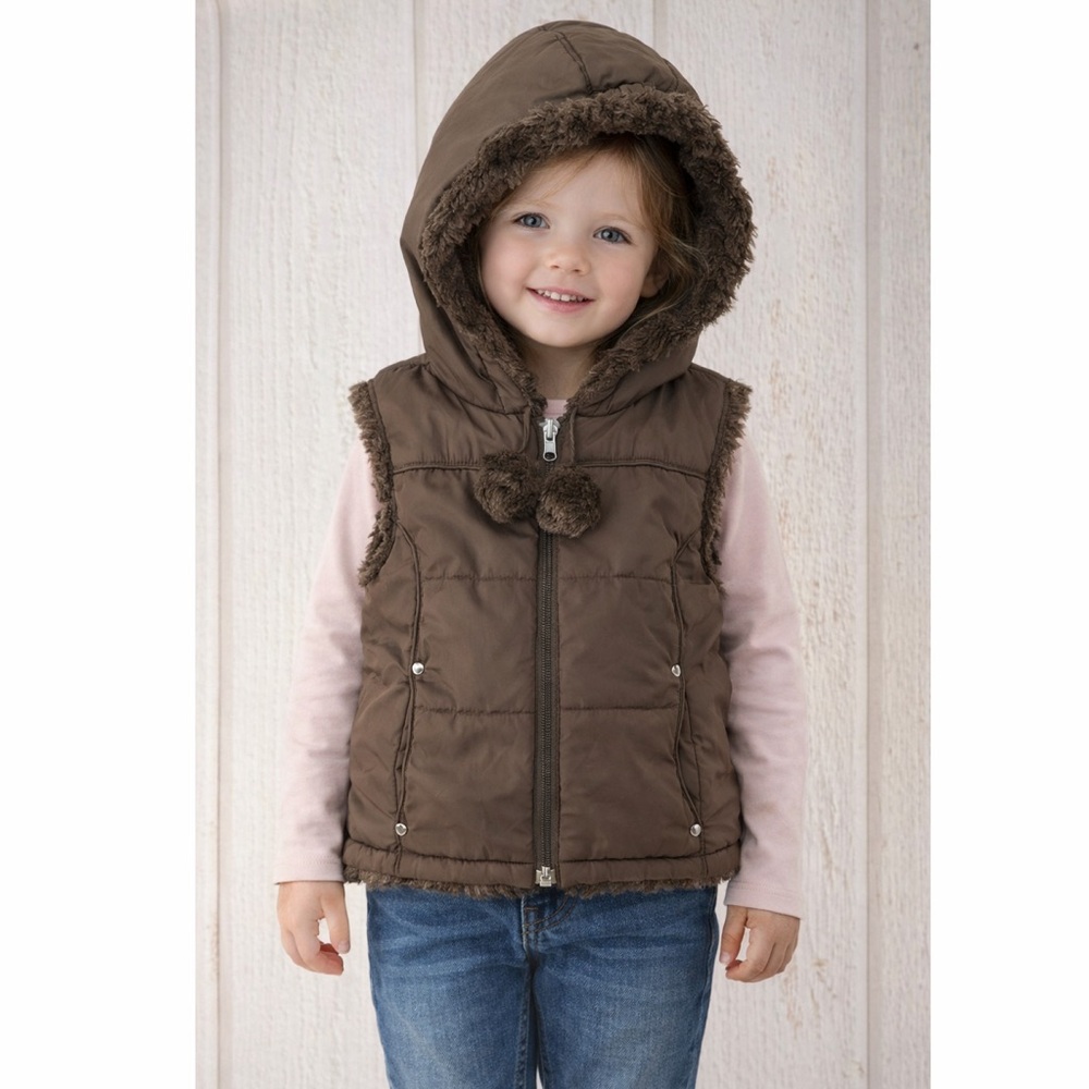 Y2K Faux Fur Hooded Puffer‎ Vest Girls Size 4/5 Brown Pom Pom Winter